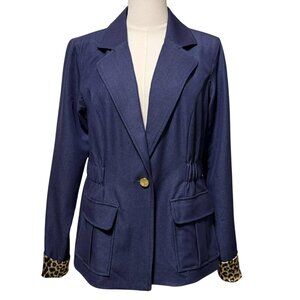 Iman Global Chic Navy & Leopard Print Blazer | Size M / Medium | NWT | Cheetah